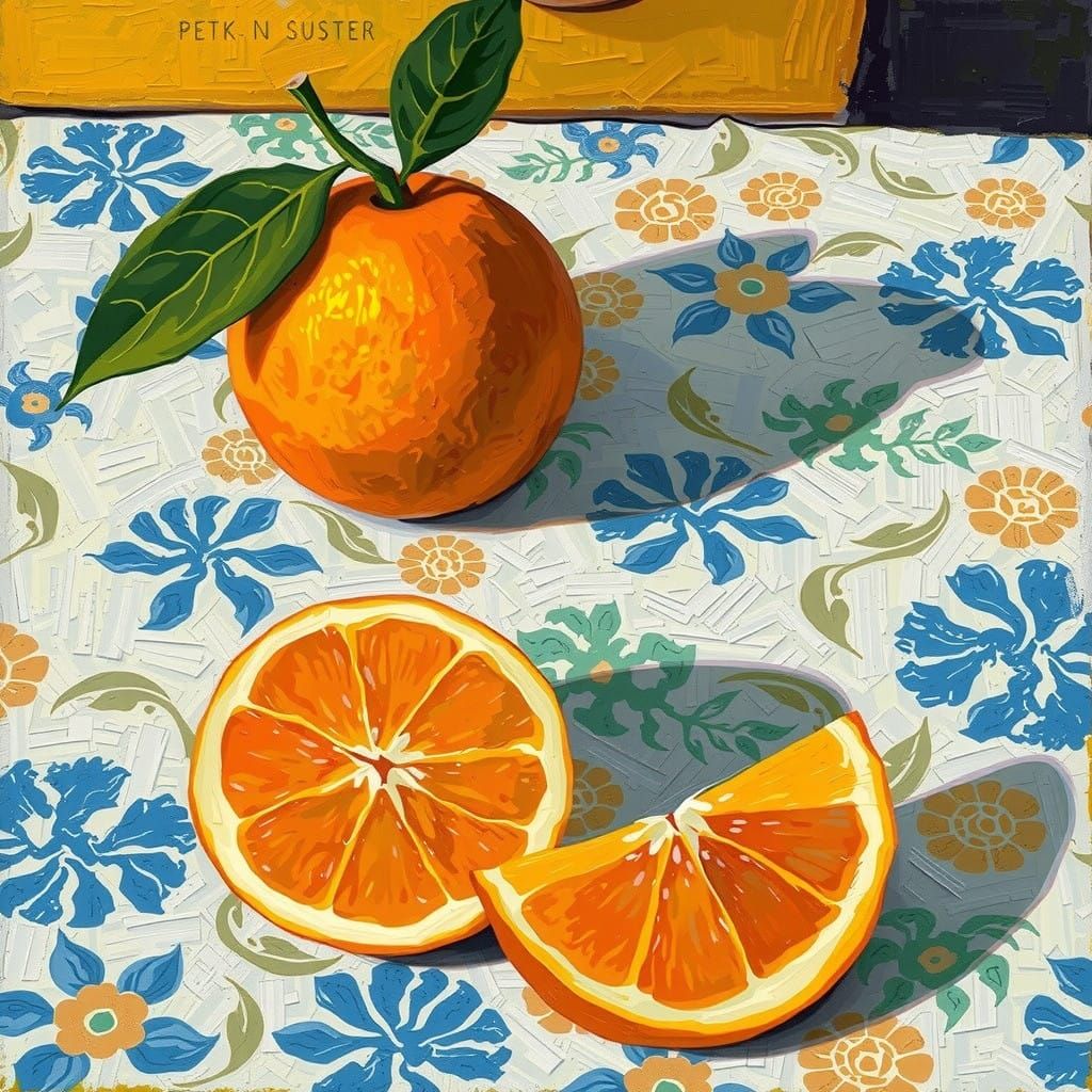 Vibrant Fauvist Still Life with Orange and Patterned Fabric