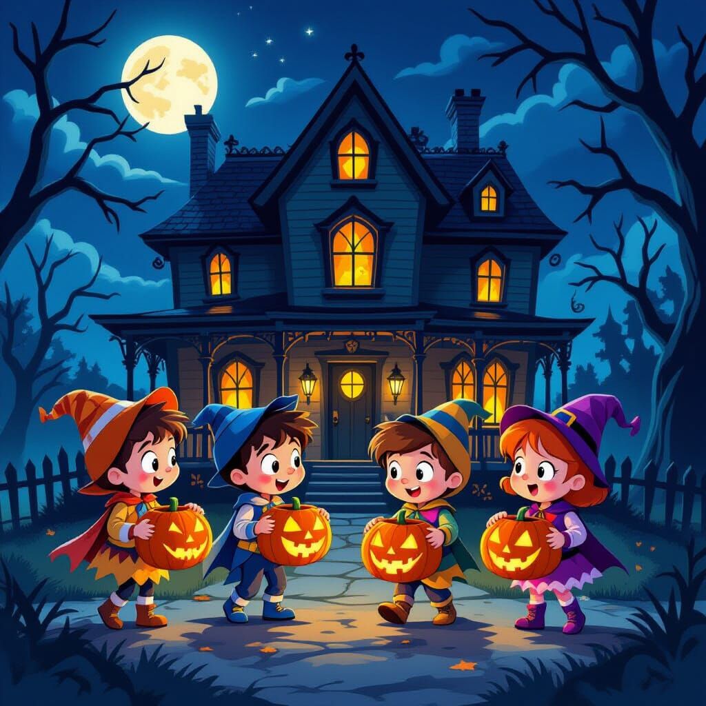 Halloween Costumed Kids Approach Haunted House