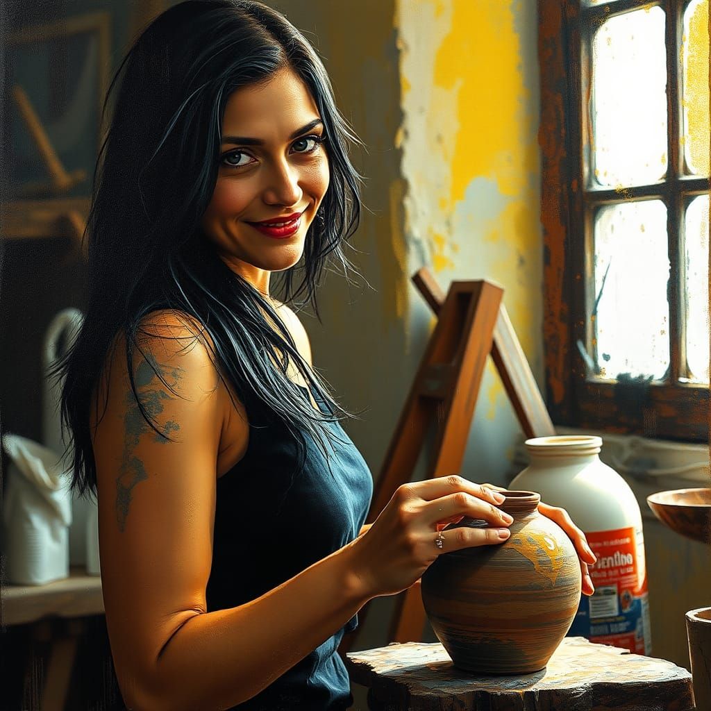 Rembrandt-Style Woman Making Pottery with Impasto Elements