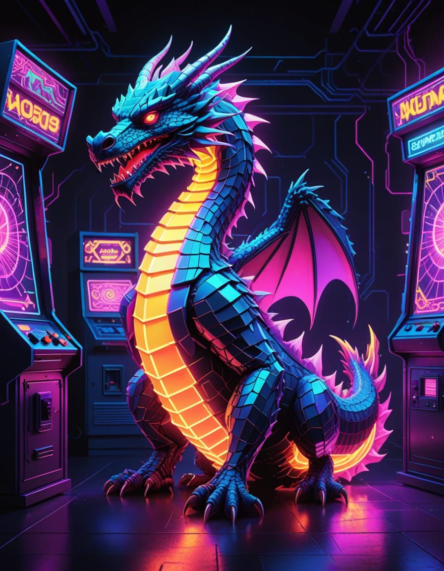 Retro-Futuristic Neon Dragon in 80s Arcade