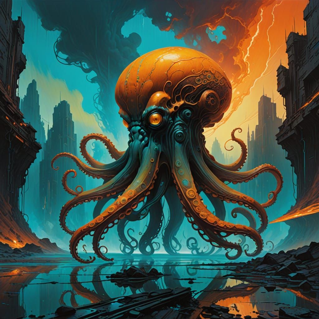 Ethereal Octopus in Iridescent Chiaroscuro with Kaleidoscopi...