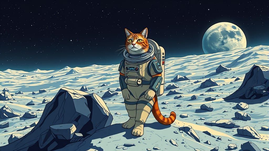 Majestic Feline Lunar Explorer in Retro-Futuristic Spacesuit