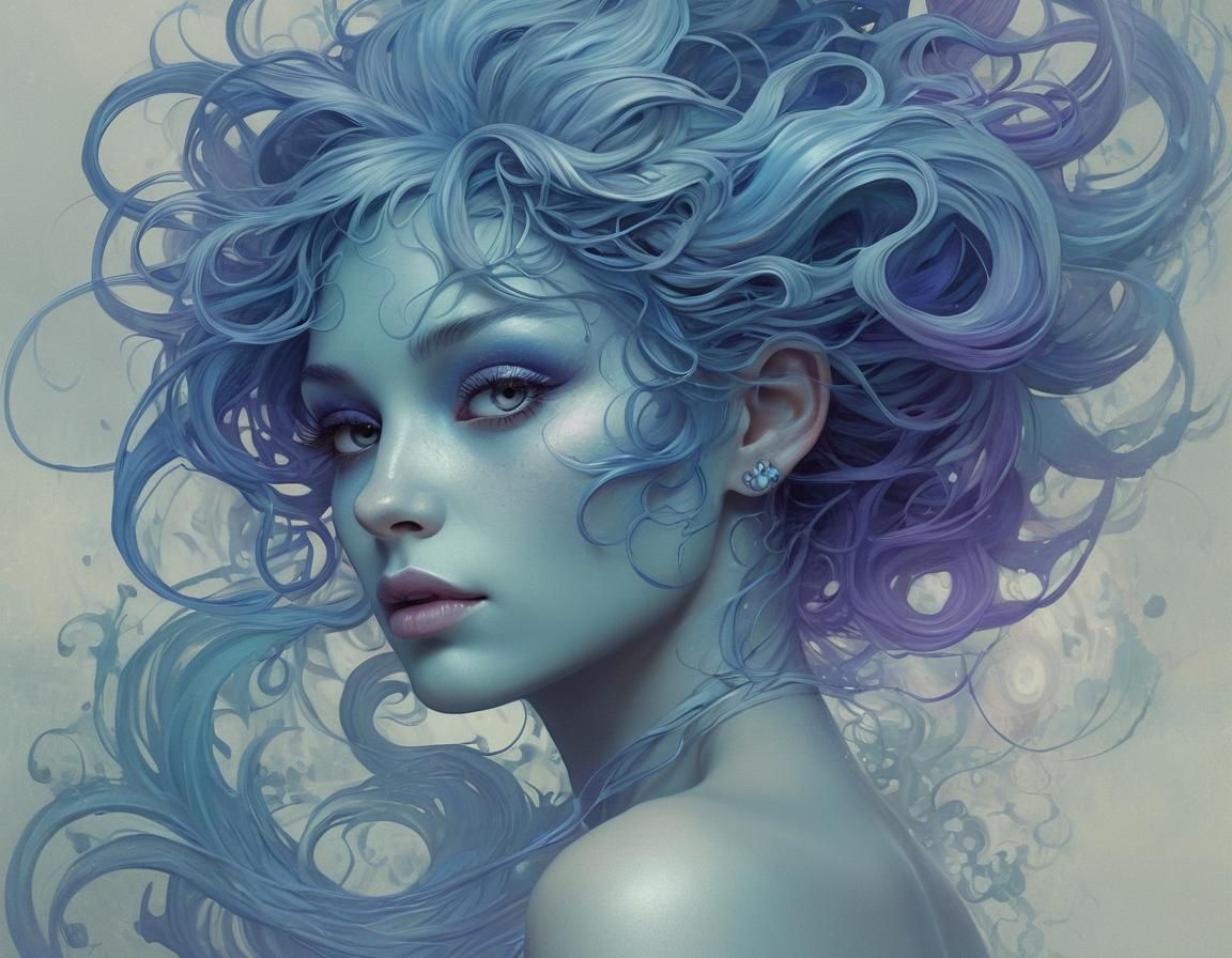 Ethereal Blue Being Portrait in Art Nouveau Style