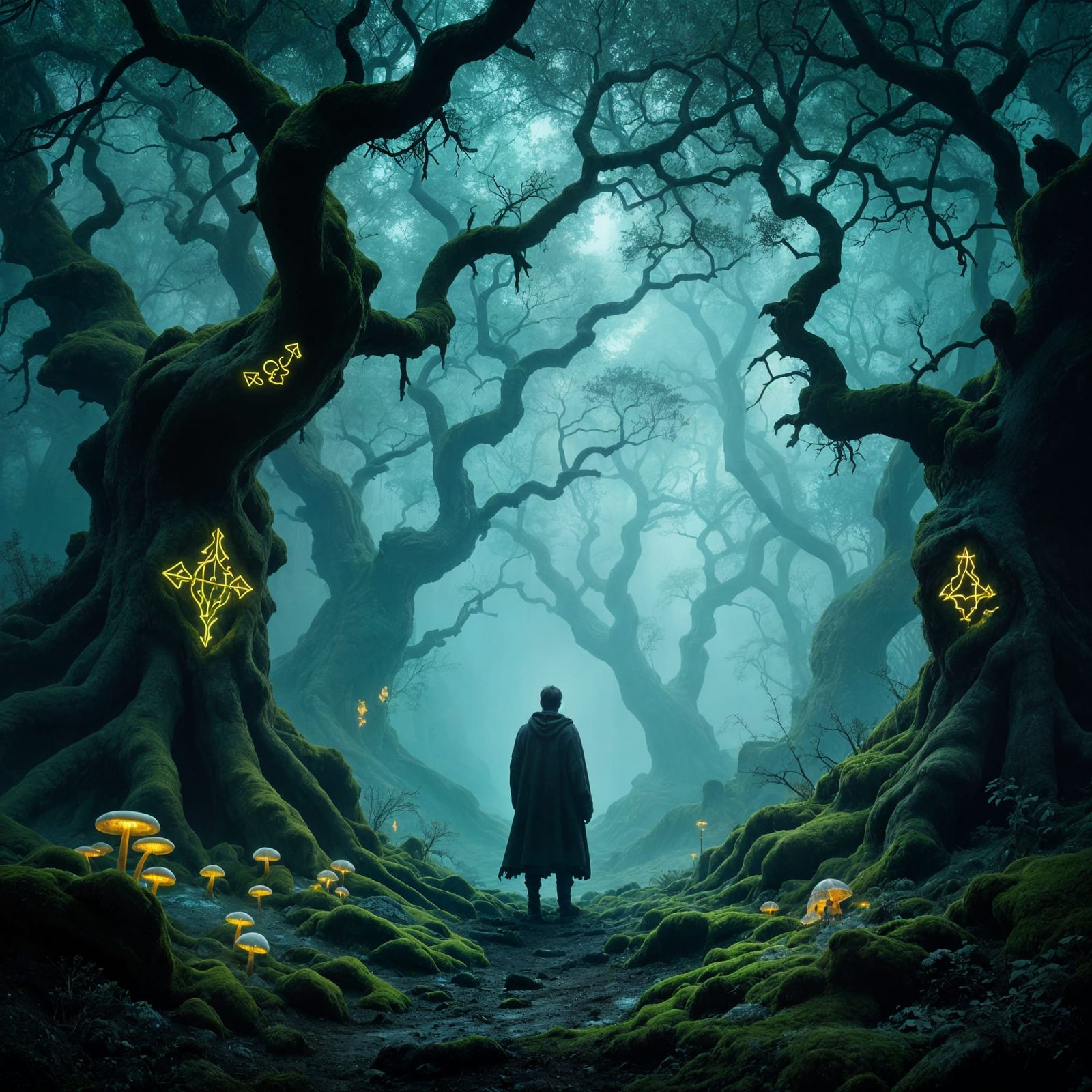 Solitary Man in Ancient Mystical Forest