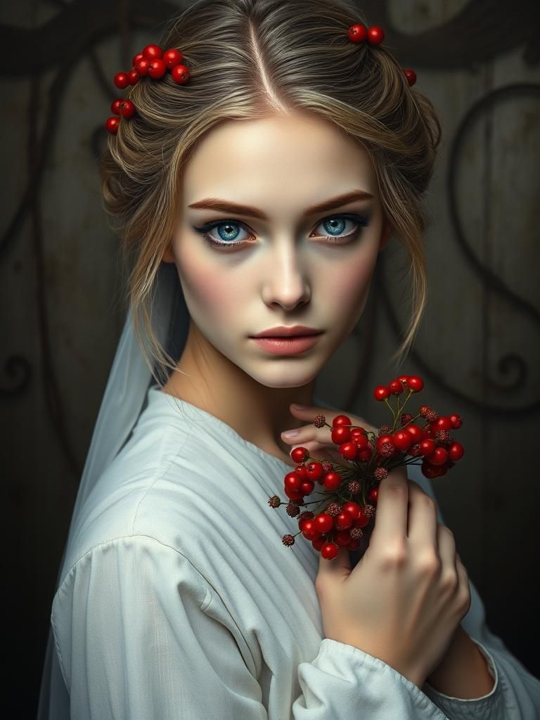 Ethereal Woman with Red Berries, Photorealistic Digital Art
