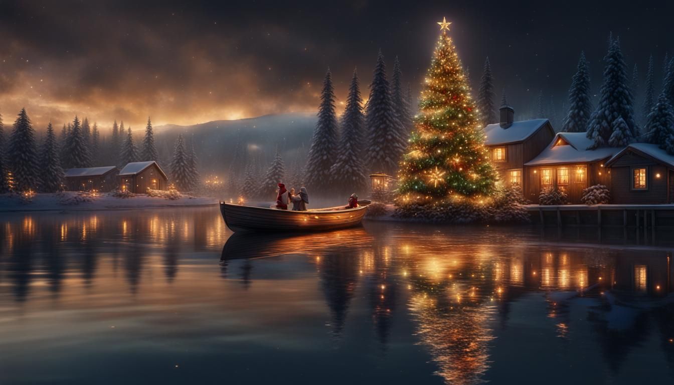 Christmas Tree on Rowboat Reflecting in River