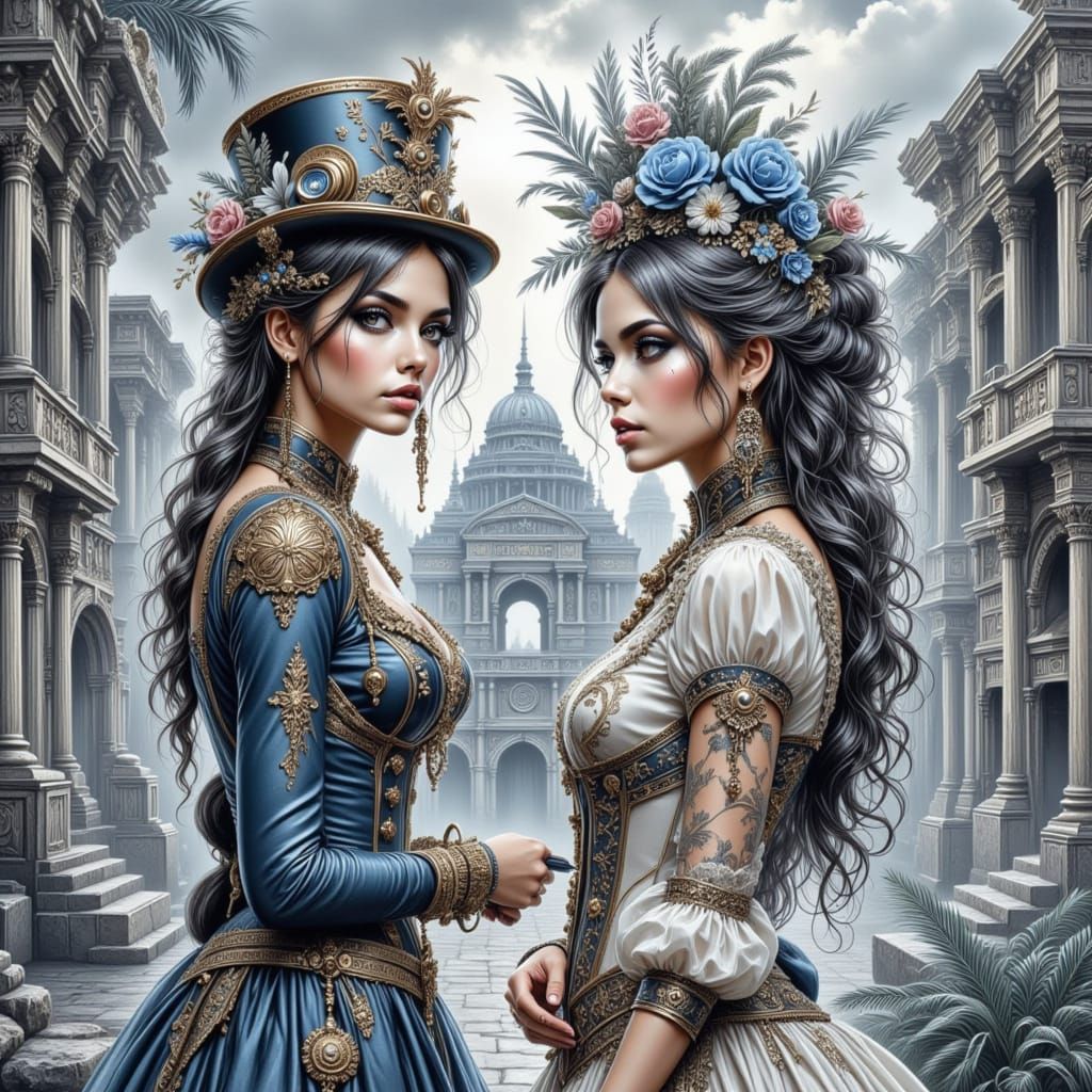 Steampunk Archaeologist and Mayan Spirit in Watercolor Style