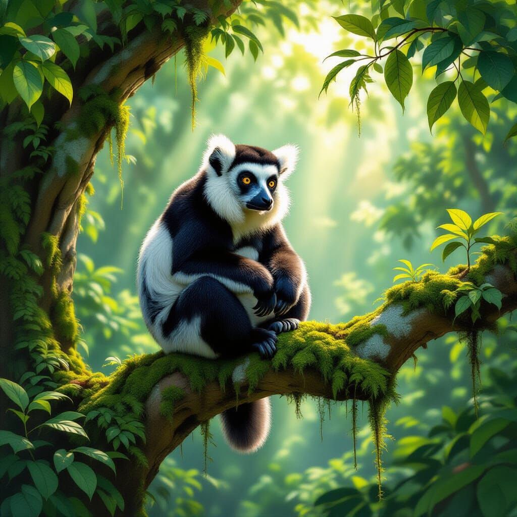 Indri Lemur Perched on Banyan Tree in Rainforest