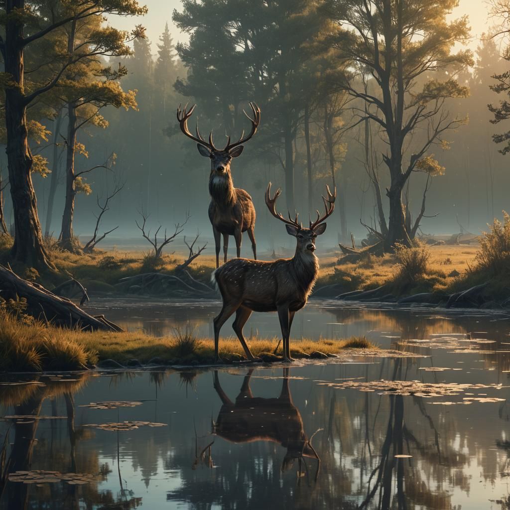 Majestic Deer and Bird at Pond in Golden Light