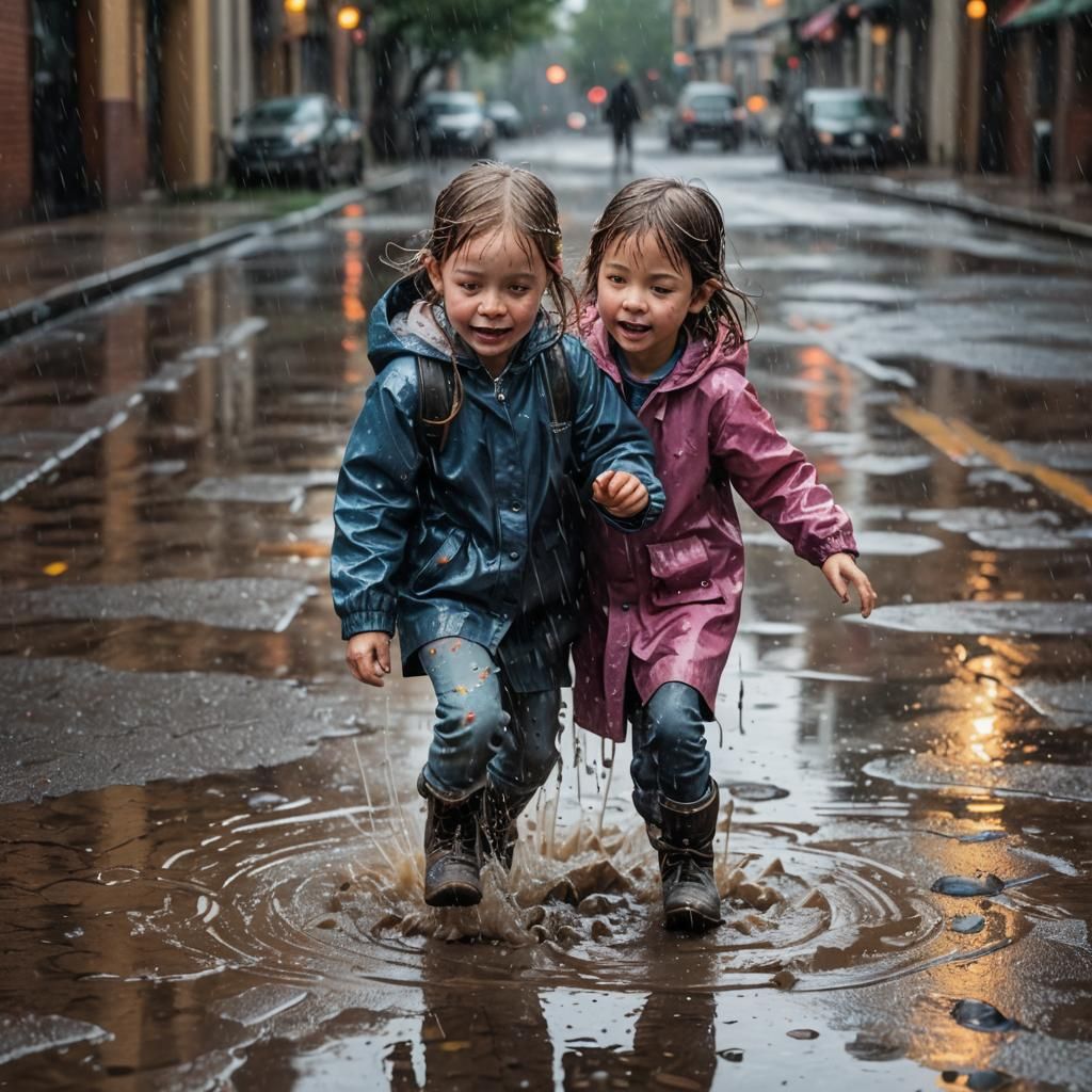Childhood Joy: Hyperrealistic Rain Puddle Adventure