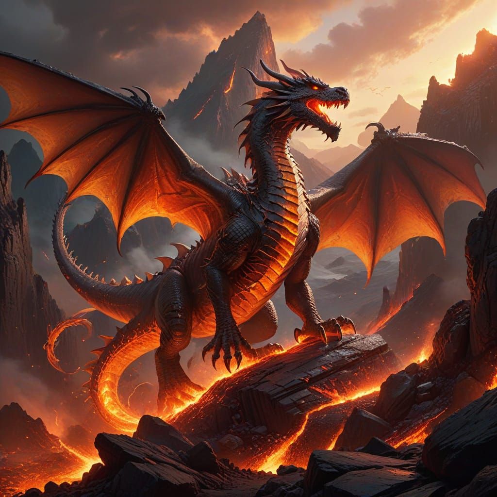 Fiery Spectral Dragon Soaring Over Volcanic Landscape