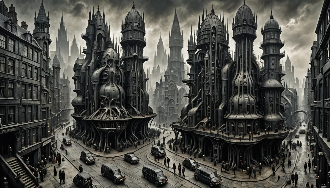 Dark Cityscape with Industrial Figures