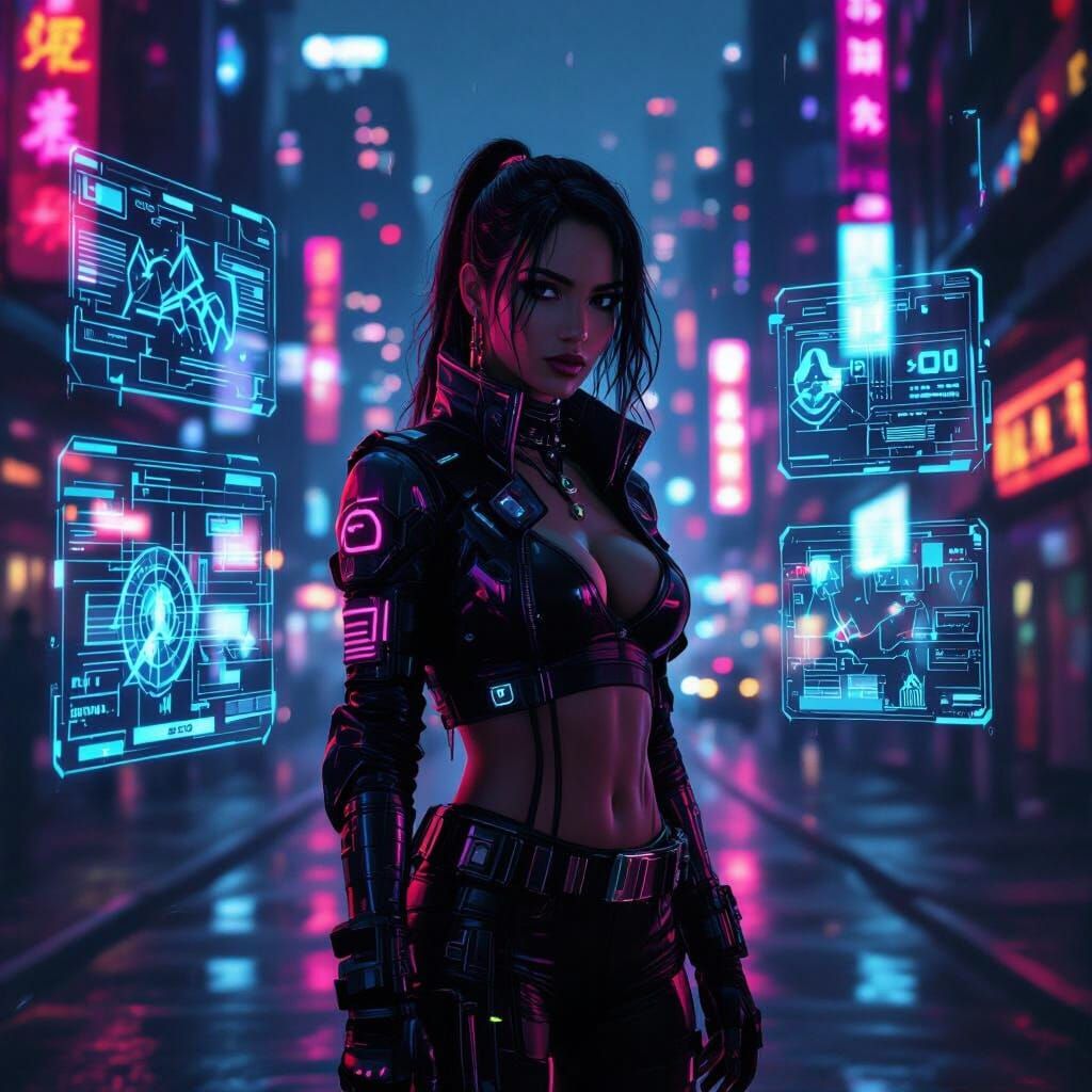 Powerful Cyberpunk Woman in Neon Cityscape