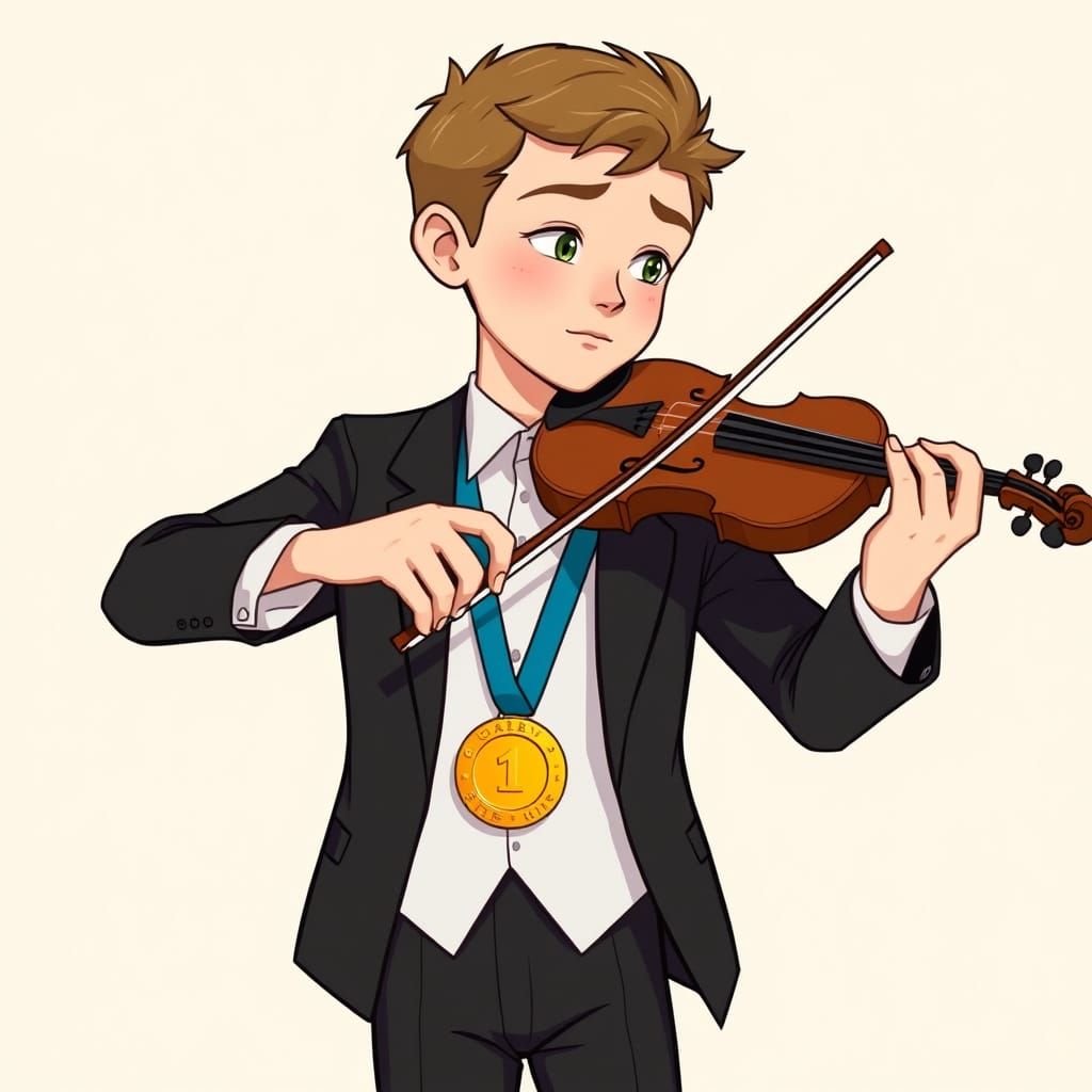 Cartoon Boy Playing Violin with Gold Medal