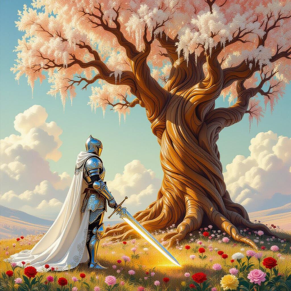 Knight Guards Gnarled Tree in Surreal Dreamscape