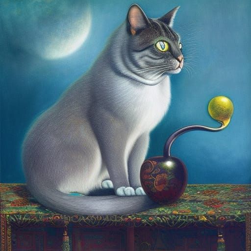 Anthropomorphic Cat Woman in Surrealist Watercolor Style