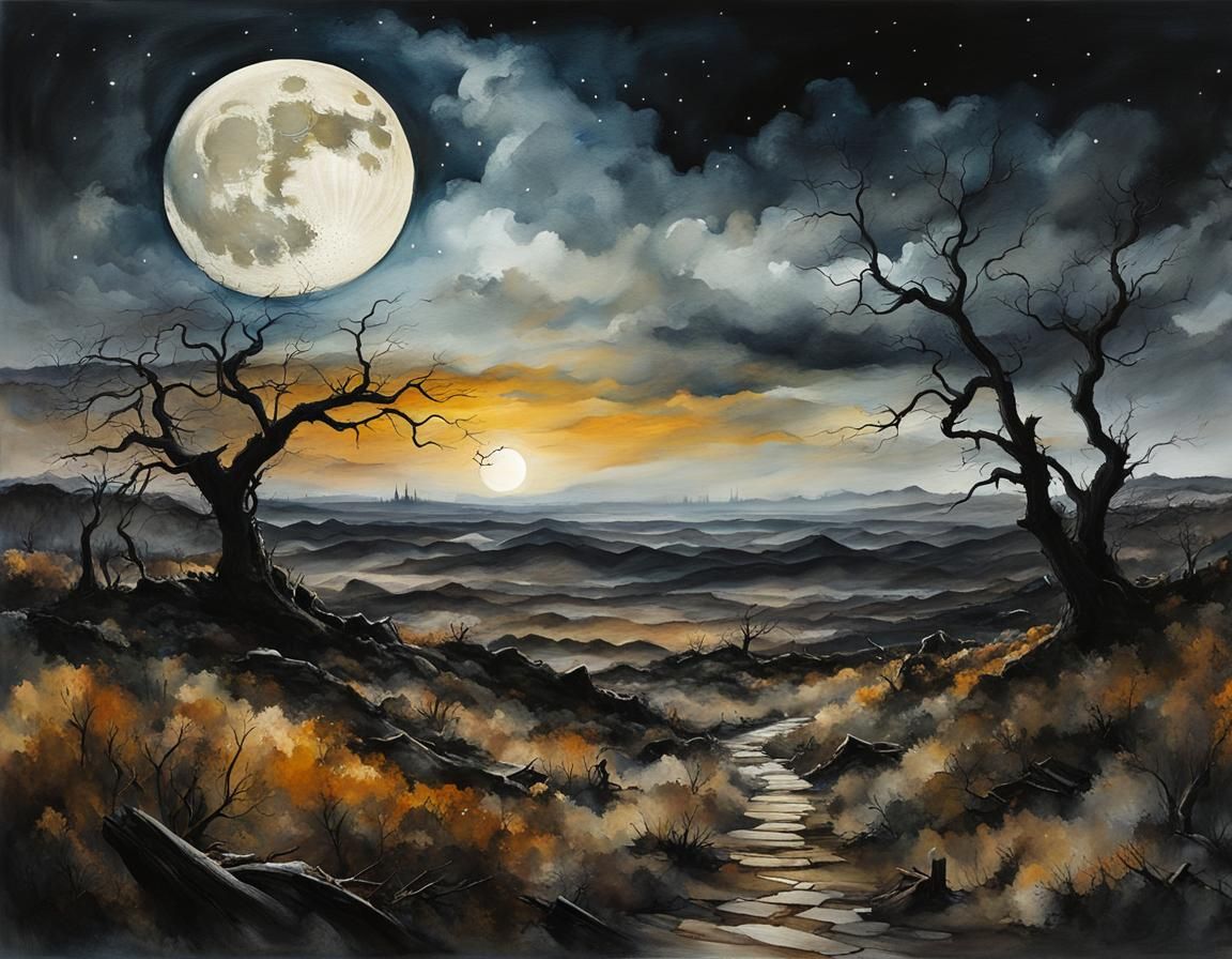 Desolate Moor Landscape Painting with Stormy Sky