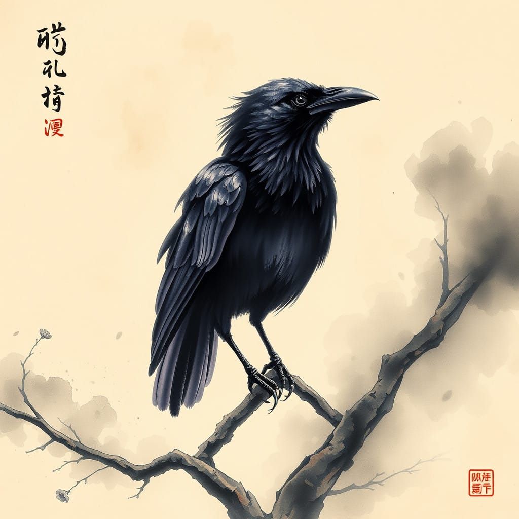 Majestic Raven in Traditional Asian Ink Style