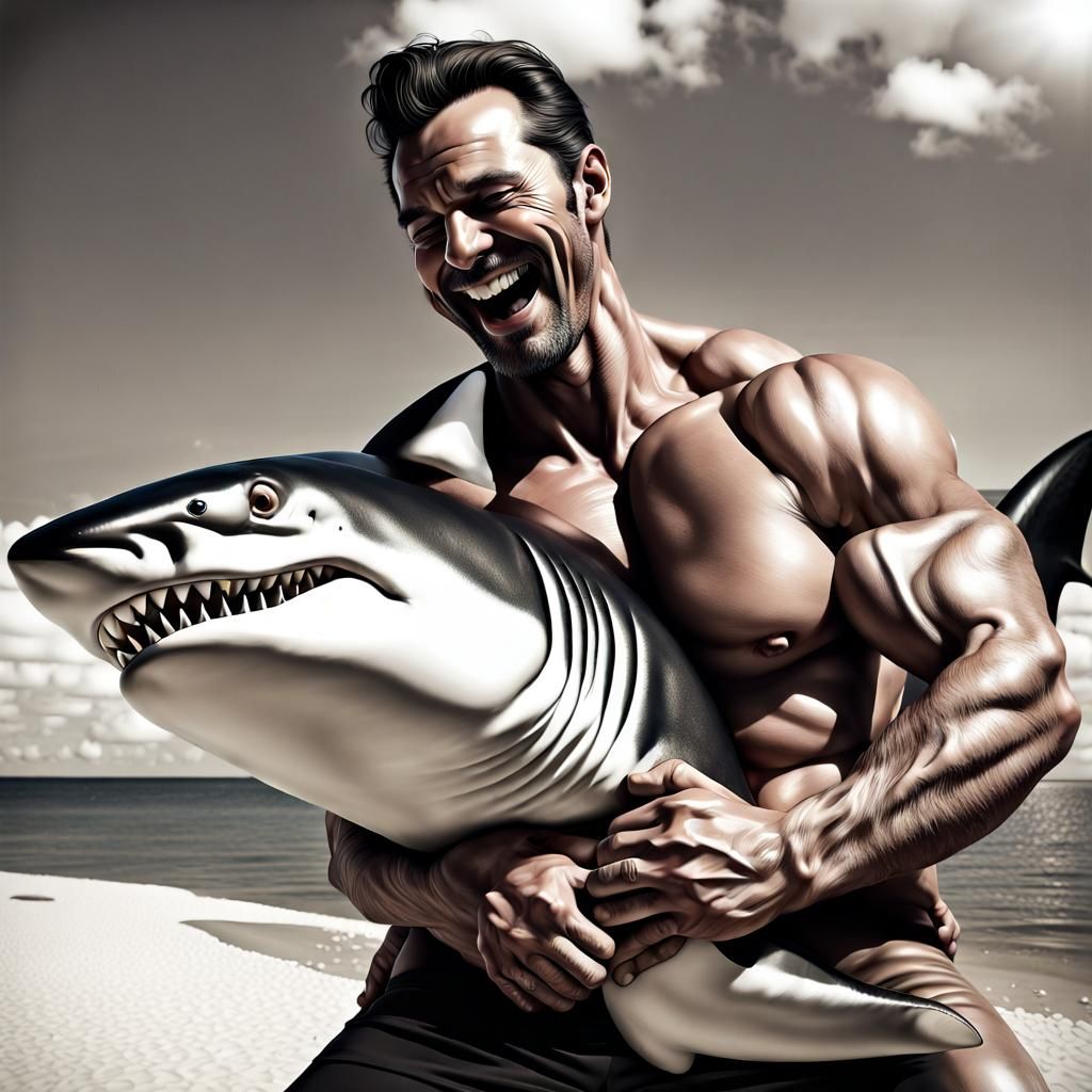 Joyful Embrace: Man Hugging Shark in Photorealistic Style