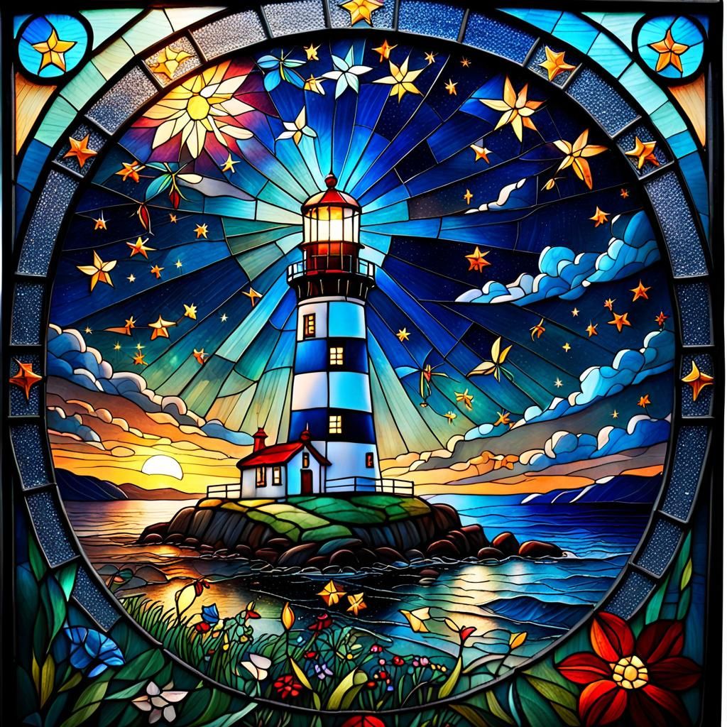 Stunning Stained Glass Lighthouse at Night