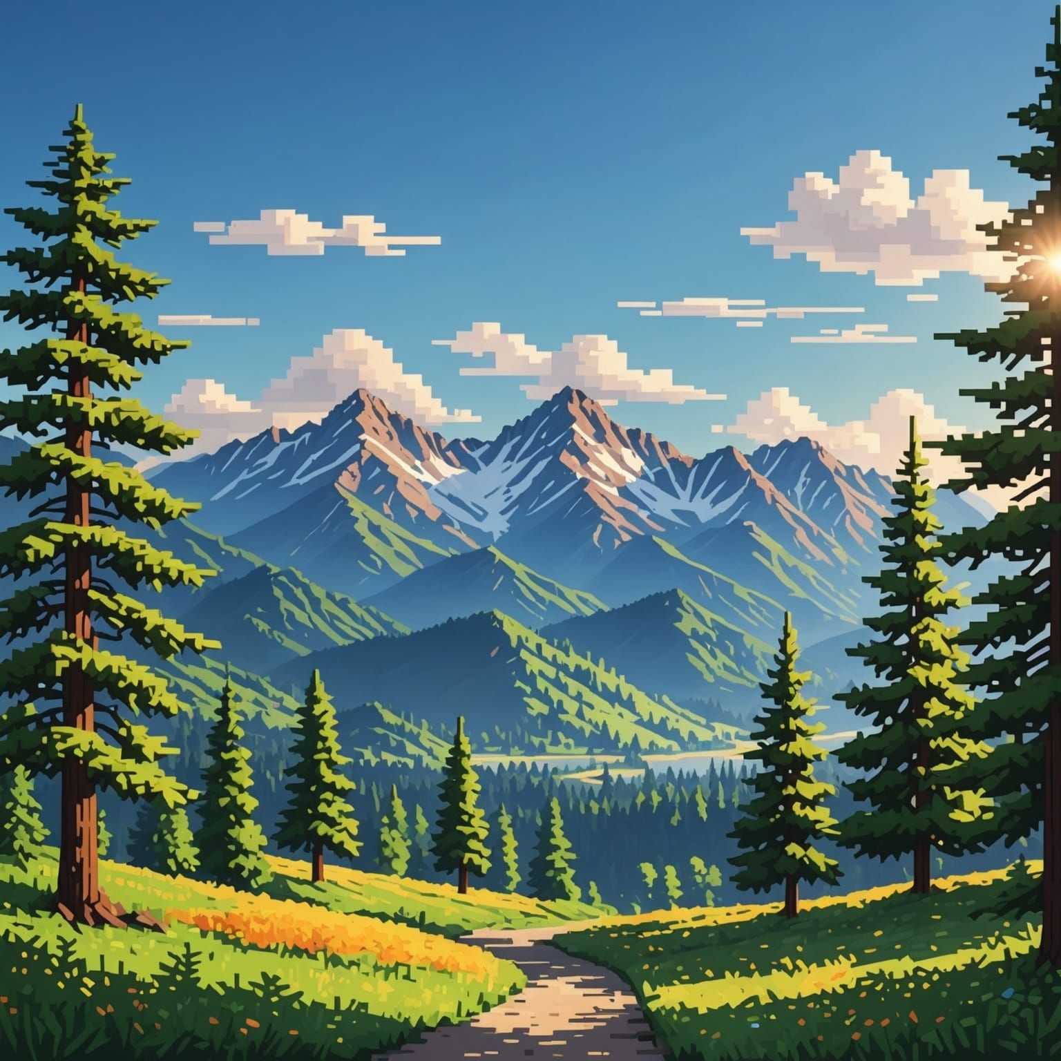 Pixel Art Landscape with Bright Sky