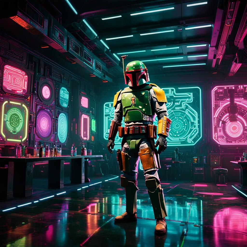 Boba Fett Dominates Neon-Drenched Club in Cyberpunk Style