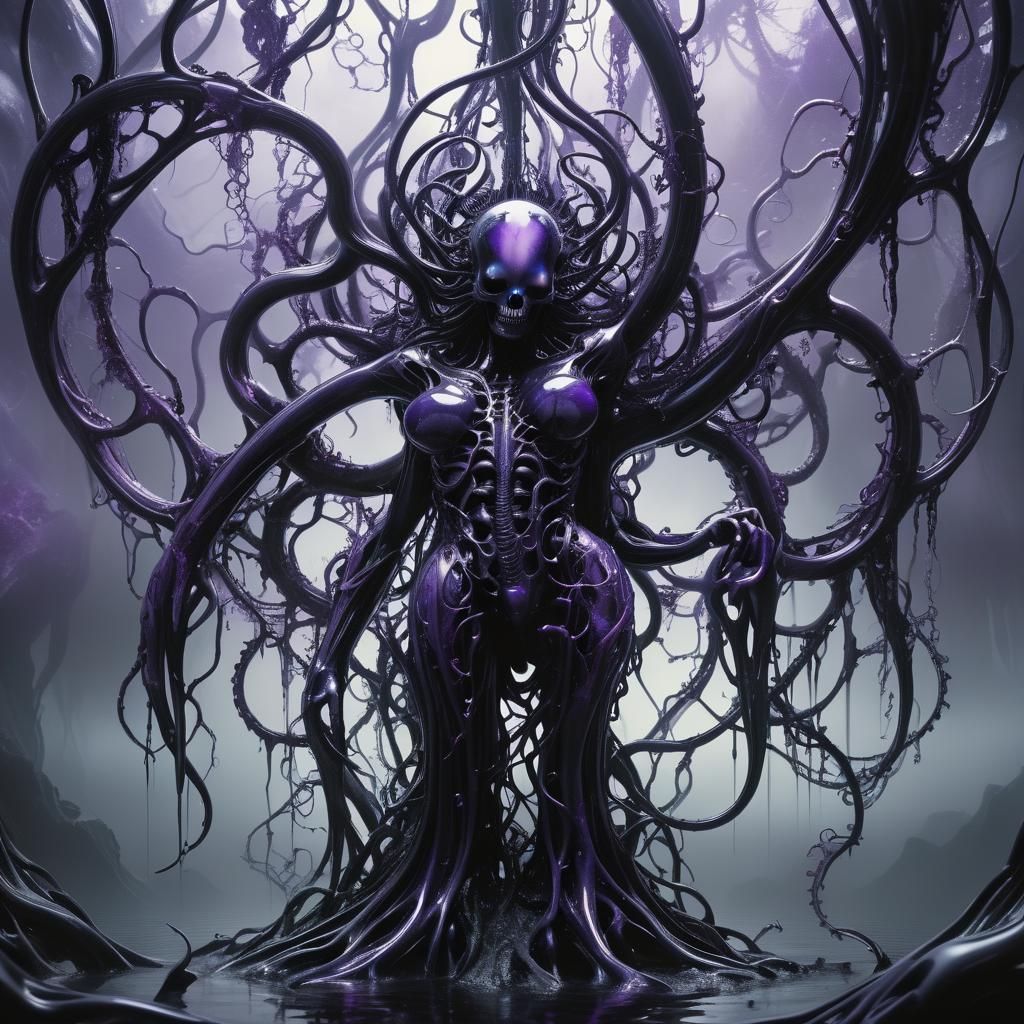 Biomechanical Surrealism: Purple Marble Vines and Translucen...