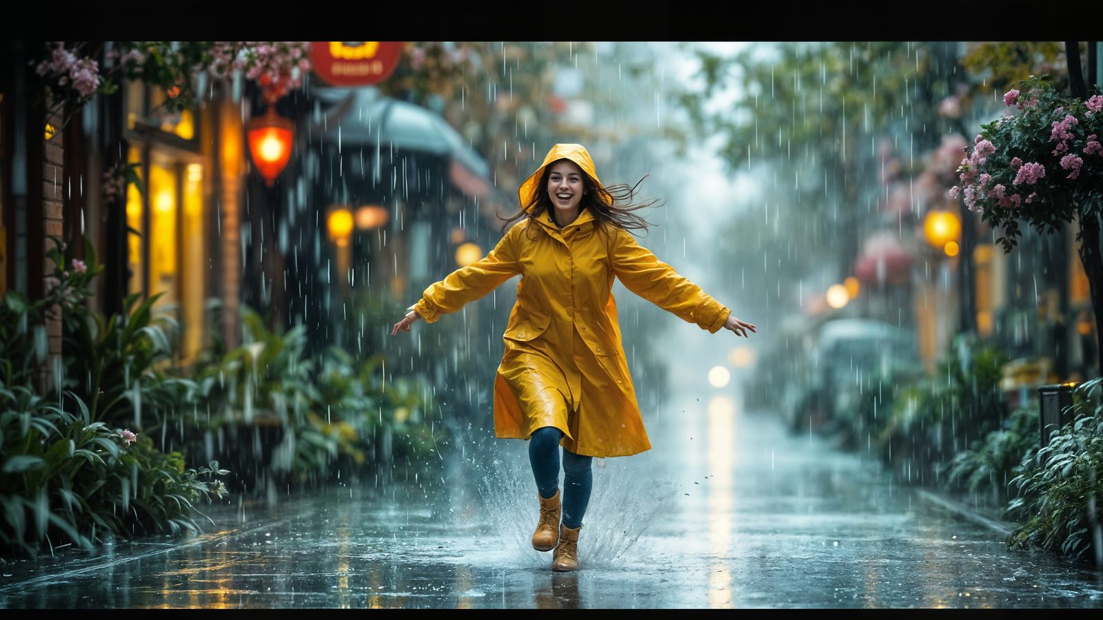 Vibrant Rainy City Streetscape in a Whimsical Fantasy Style