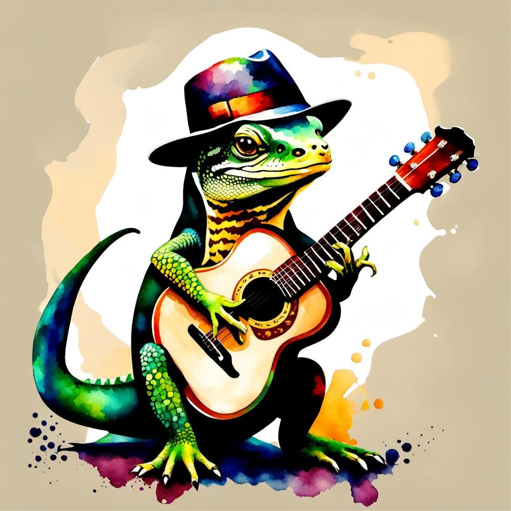Lizard with trilby hat and guitar II