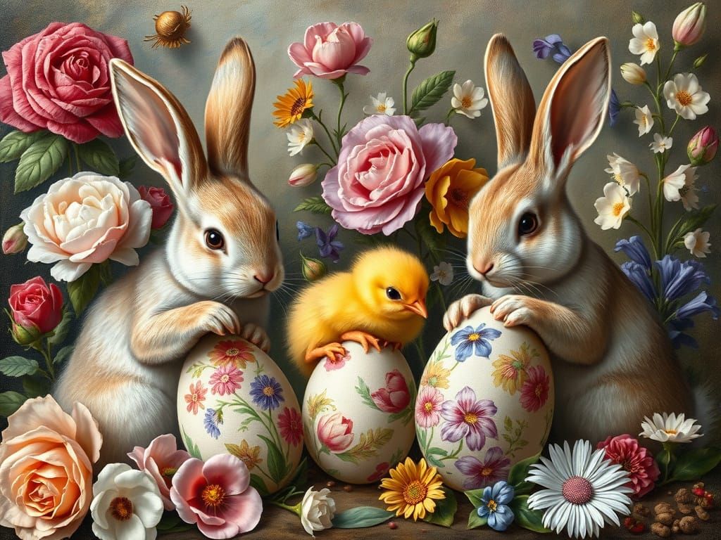 Bunnies Painting Easter Eggs in Renaissance Style