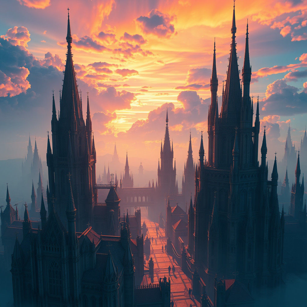Mystical Skyline with Spires in Ombre Sky