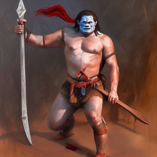 Half-orc barbarian, dungeons and dragons, holding a giant axe, loincloth, bloody, scar on face,4k,thong
