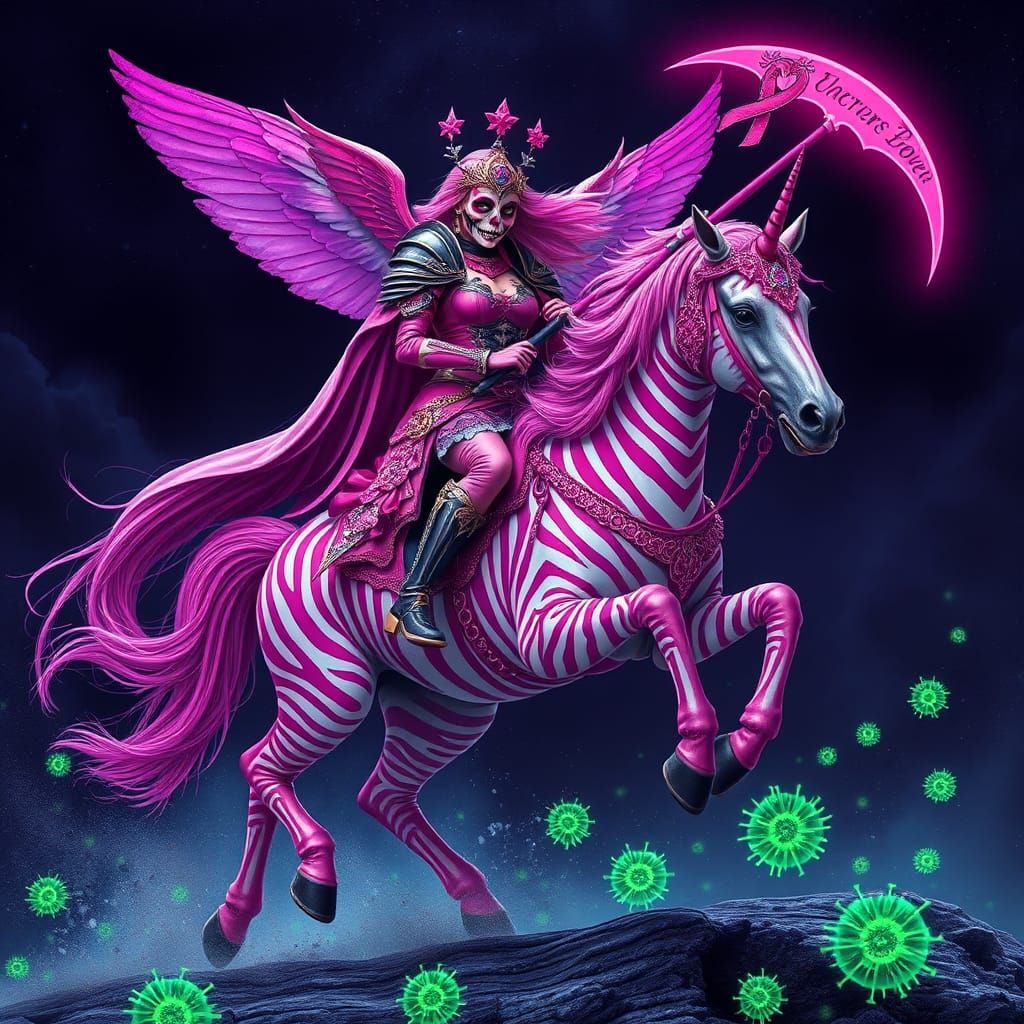 Pink Gothic Queen Rides Zebra Unicorn into Battle