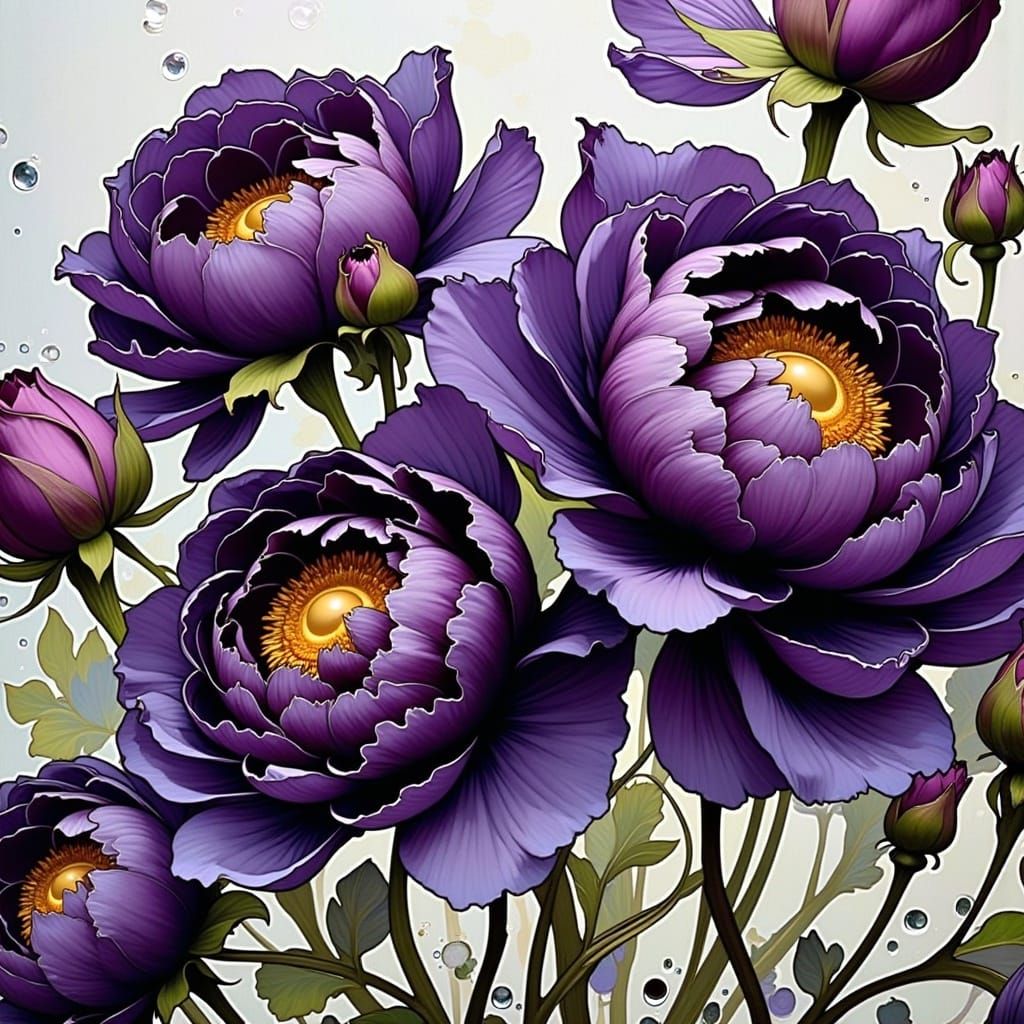 Luxurious Purple Peonies in Art Nouveau Style