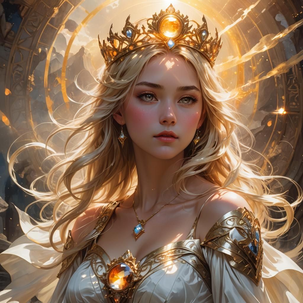 Ethereal Woman with Sun Orb: Fantasy Portrait