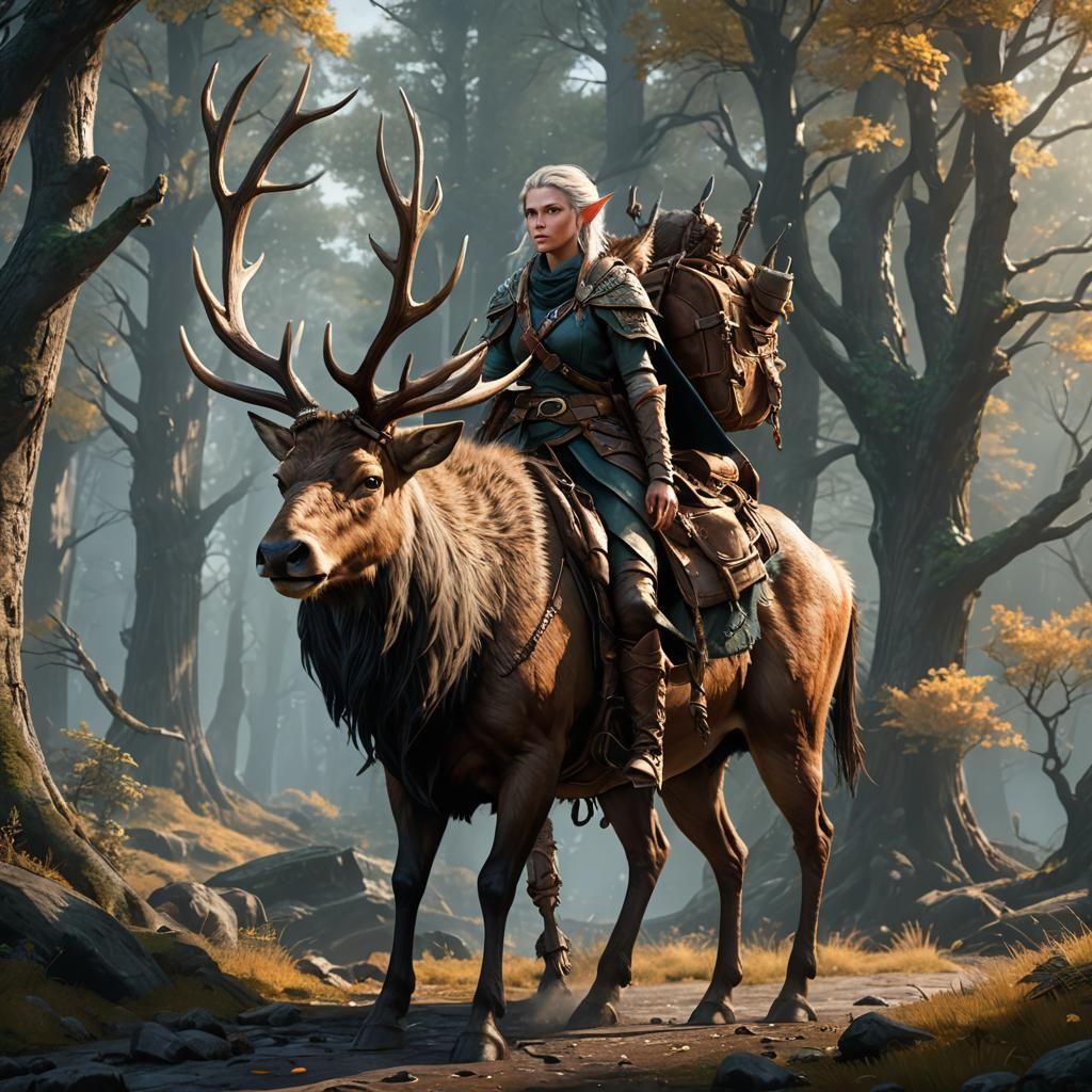 Elf Ranger and Elk Mount Fantasy Art