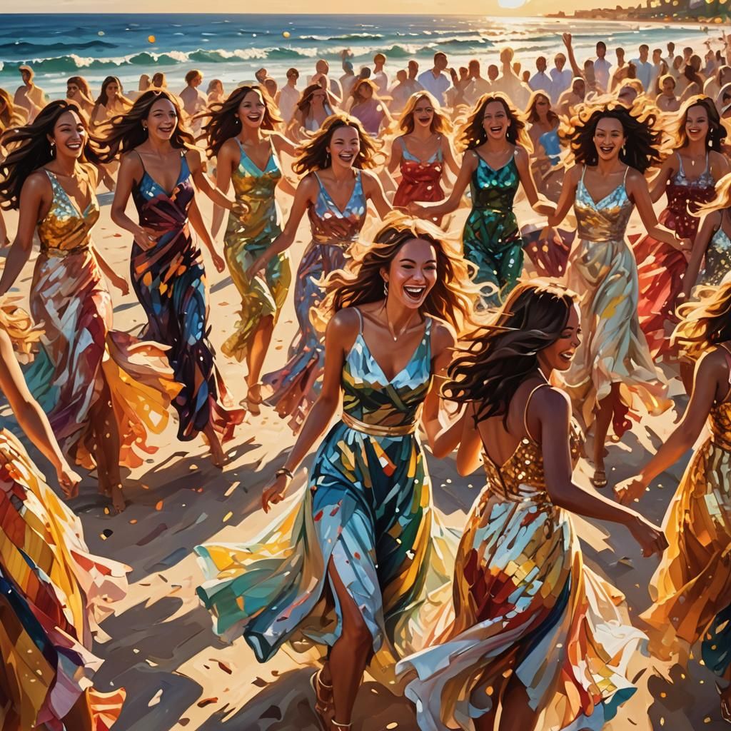 Joyful Beach Party with Dancing Women in Oil Painting Style