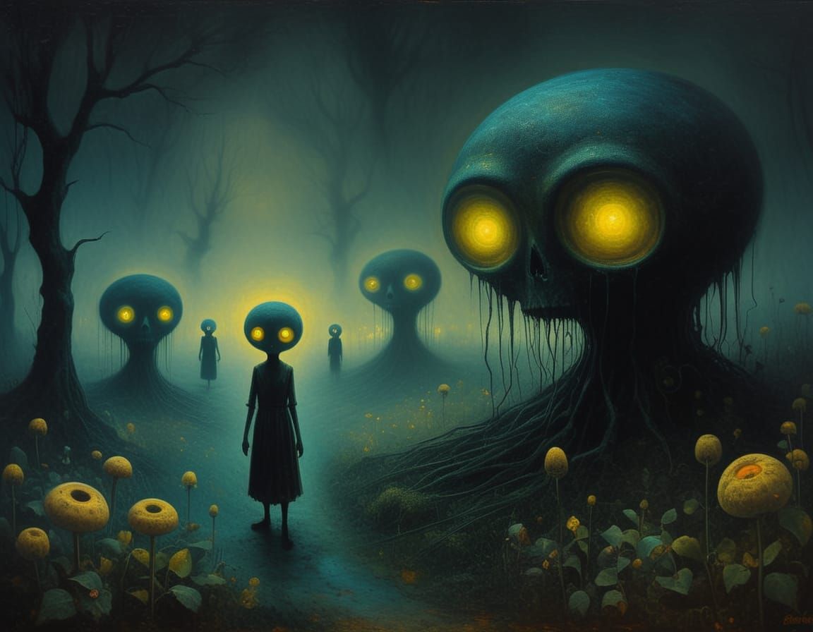 Eerie Glowing Toves in a Dreamlike Surrealist Oil Painting