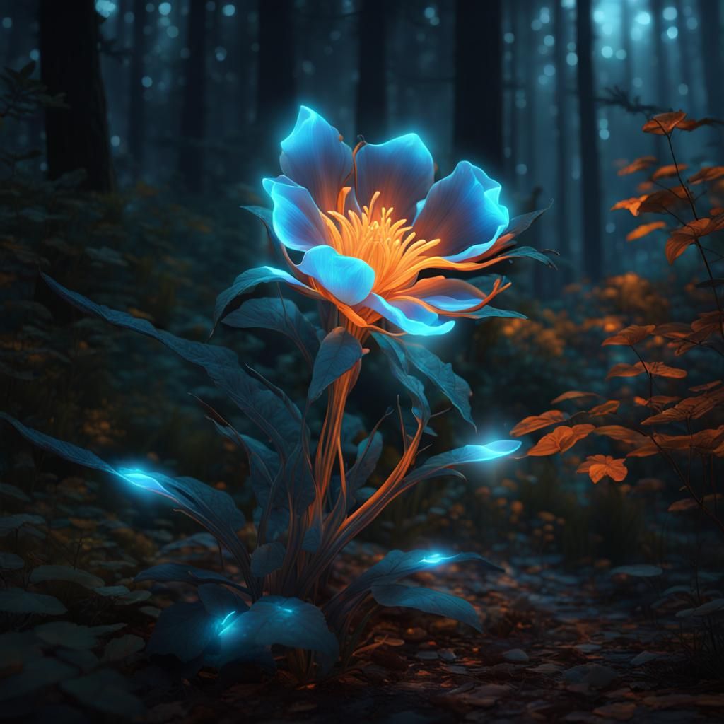 Bioluminescent Flower in Forest, Hyperdetailed Concept Art