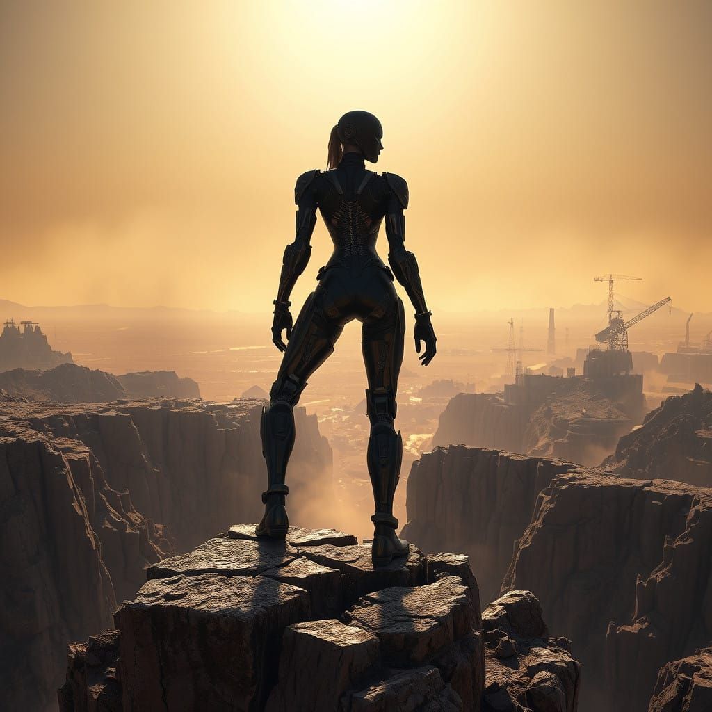 Cyborg Warrior on Fractured Precipice in Post-Apocalyptic La...