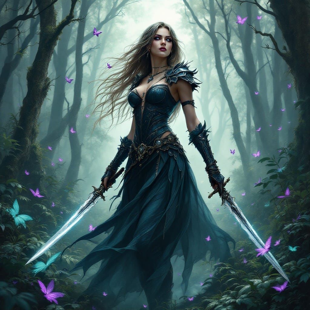 Gothic Warrior Woman Surrounded by Whimsical Butterflies in ...