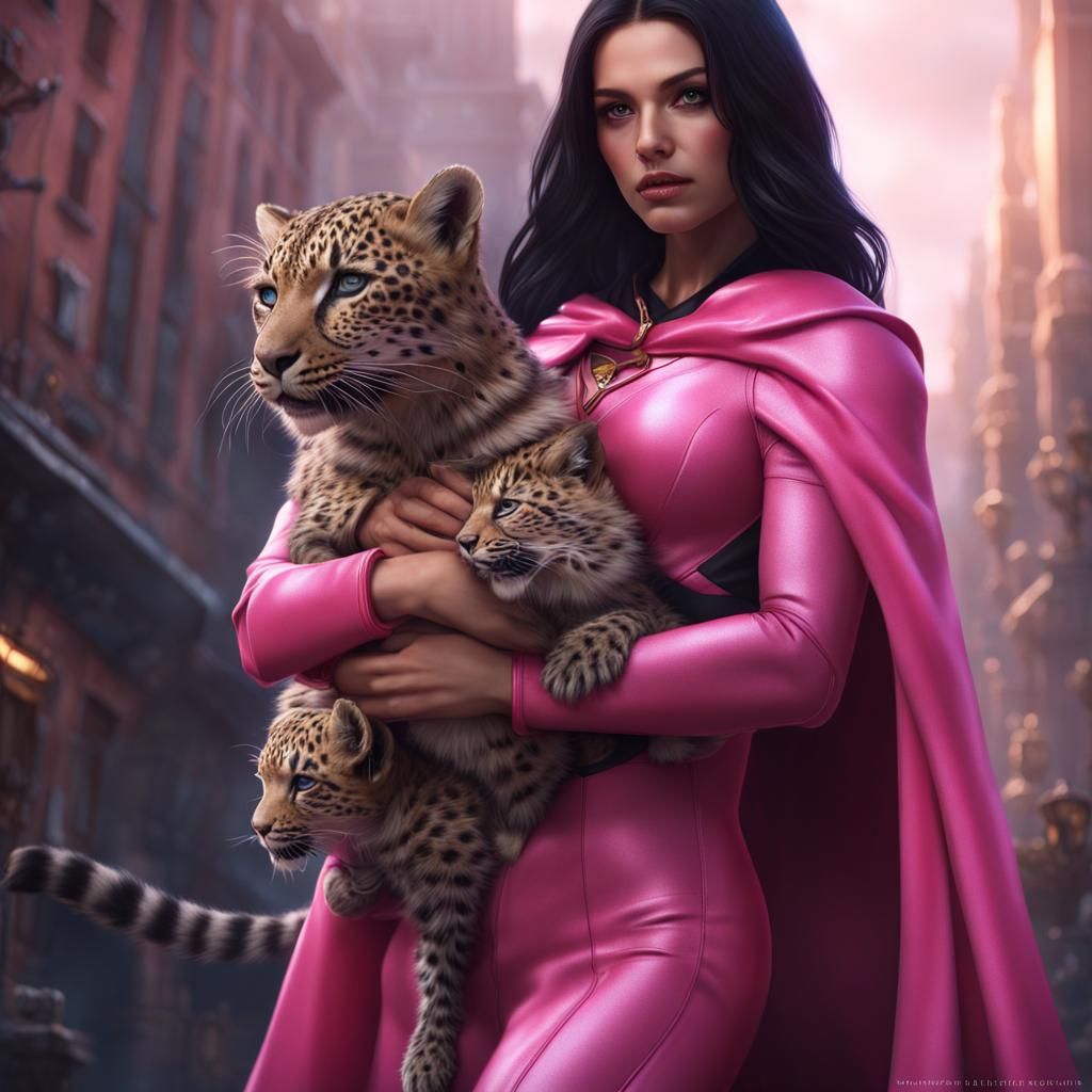 Superhero Girl with Leopard: Detailed Fantasy Art