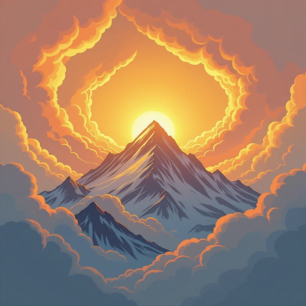 Mountain Peak Surrounded by Curling Clouds in Comic Book Sty...