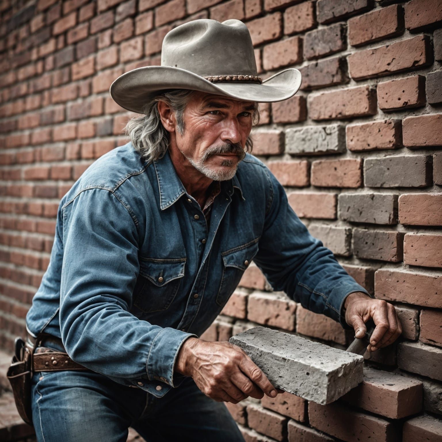 Cowboy with Mullet Pulling Bricks, Hyperrealistic HDR