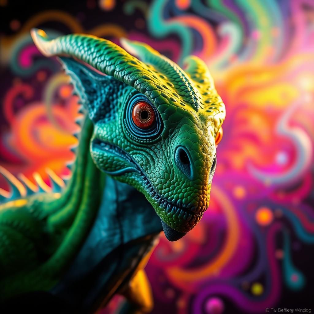 Green and Blue Creature Portrait in a Futuristic Style