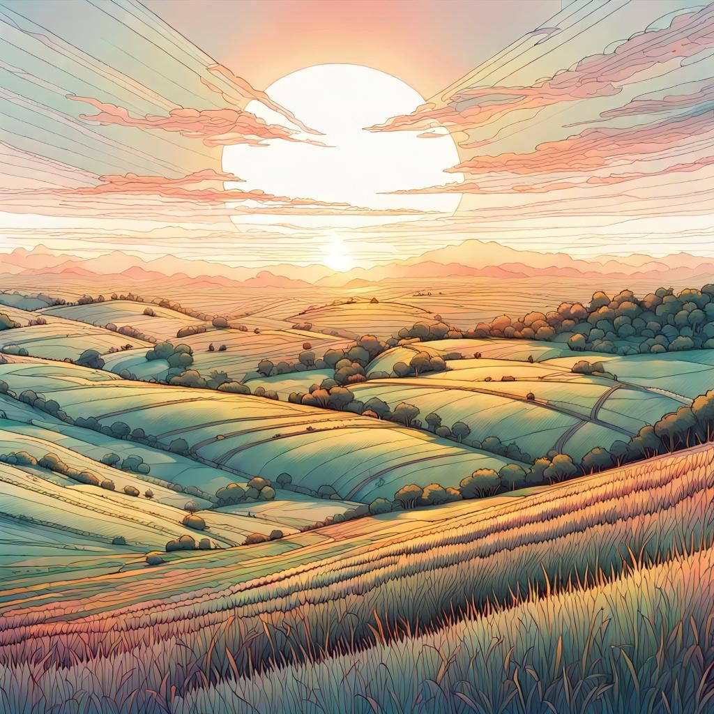 Sunset Over Farmland: Colorful Minimalist Line Art