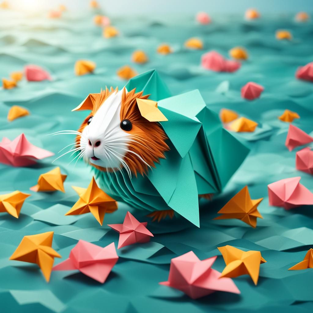 Guinea Pig Mermaid in Origami Papercraft Ocean