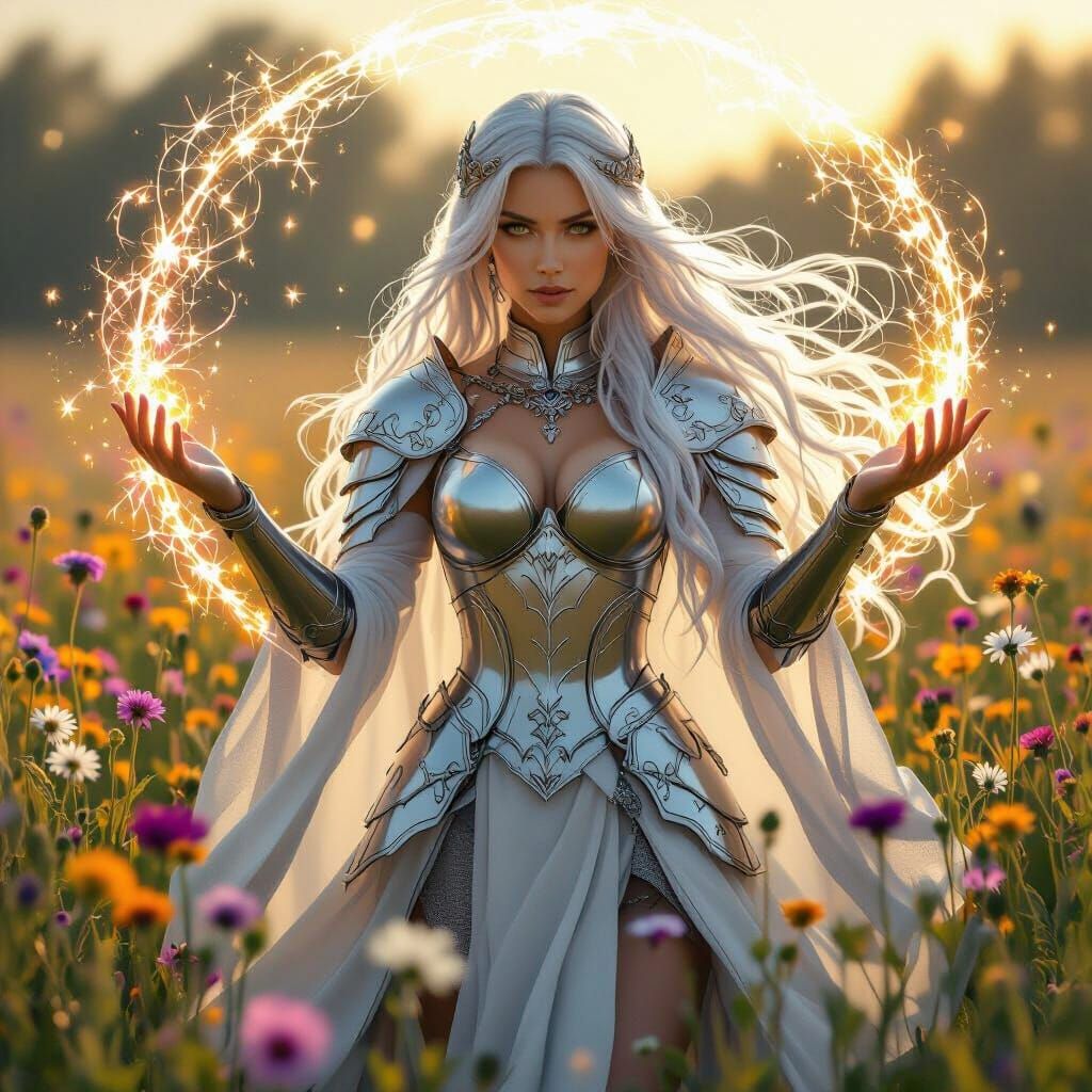 Sorceress Channels Arcane Energy in Wildflower Field