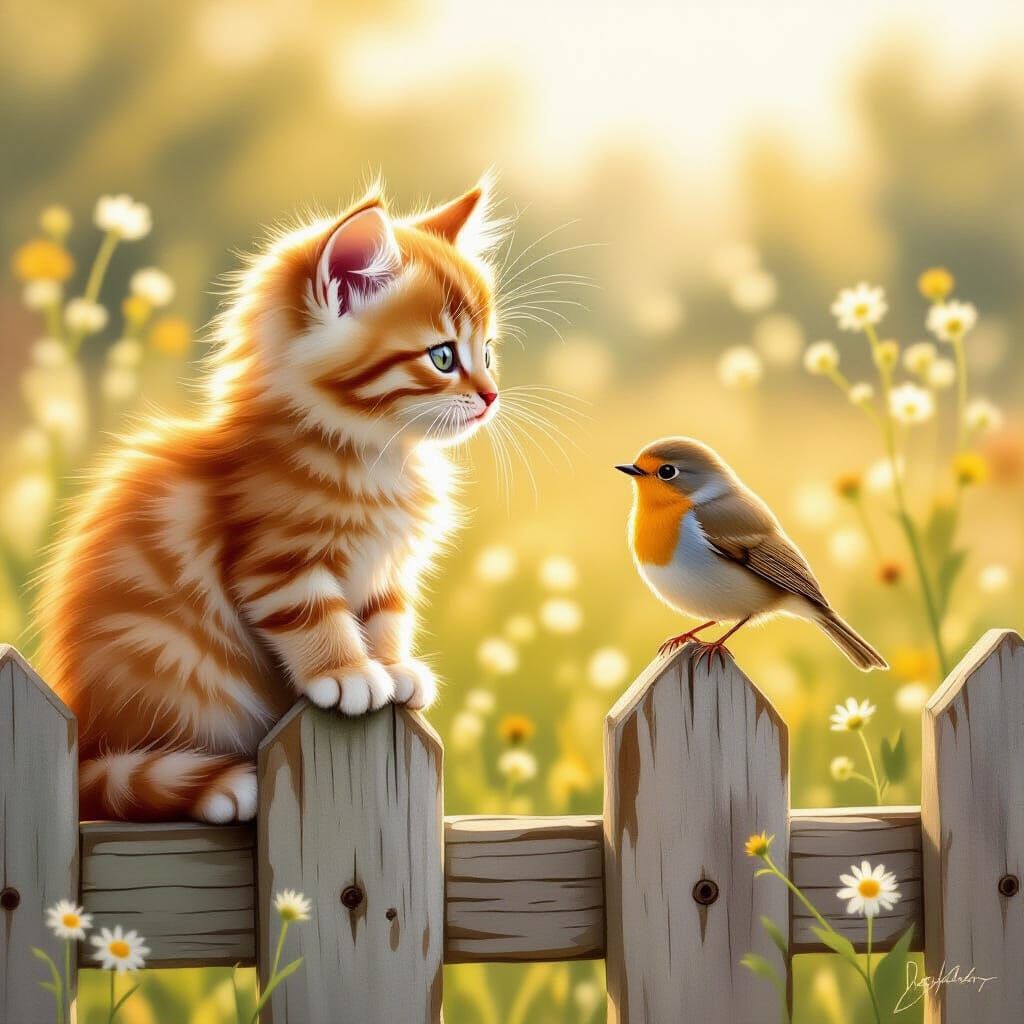 Kitten and Robin in Golden Hour Light