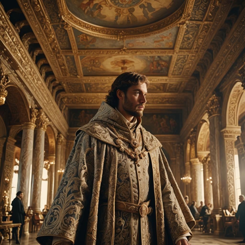 Medieval Nobleman in Palace Salon, Photorealistic Film Still